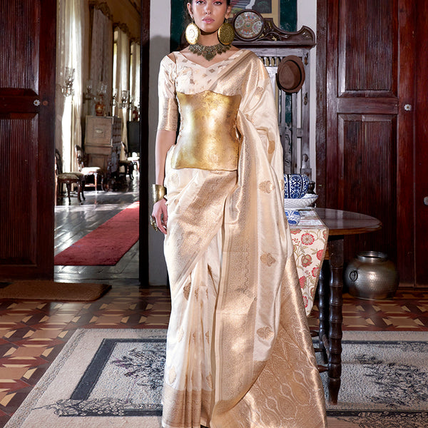 Monjolika Fashion Cream Color Two Tone Handloom Weaving Silk Traditional Saree