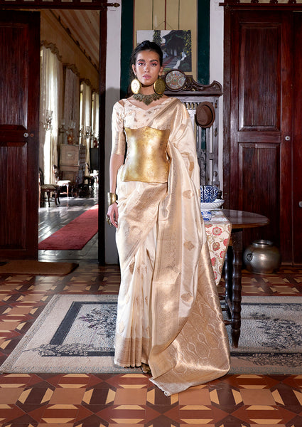 Monjolika Fashion Cream Color Two Tone Handloom Weaving Silk Traditional Saree