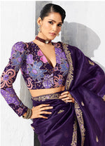 Thumbnail for Monjolika Fashion Purple Fancy Fabric Embroidered Contemporary Saree - Distacart