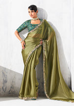 Thumbnail for Monjolika Fashion Olive Green Fancy Fabric Embroidered Contemporary Saree - Distacart