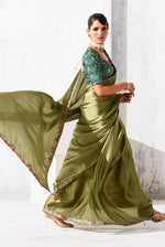 Thumbnail for Monjolika Fashion Olive Green Fancy Fabric Embroidered Contemporary Saree - Distacart