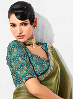Thumbnail for Monjolika Fashion Olive Green Fancy Fabric Embroidered Contemporary Saree - Distacart