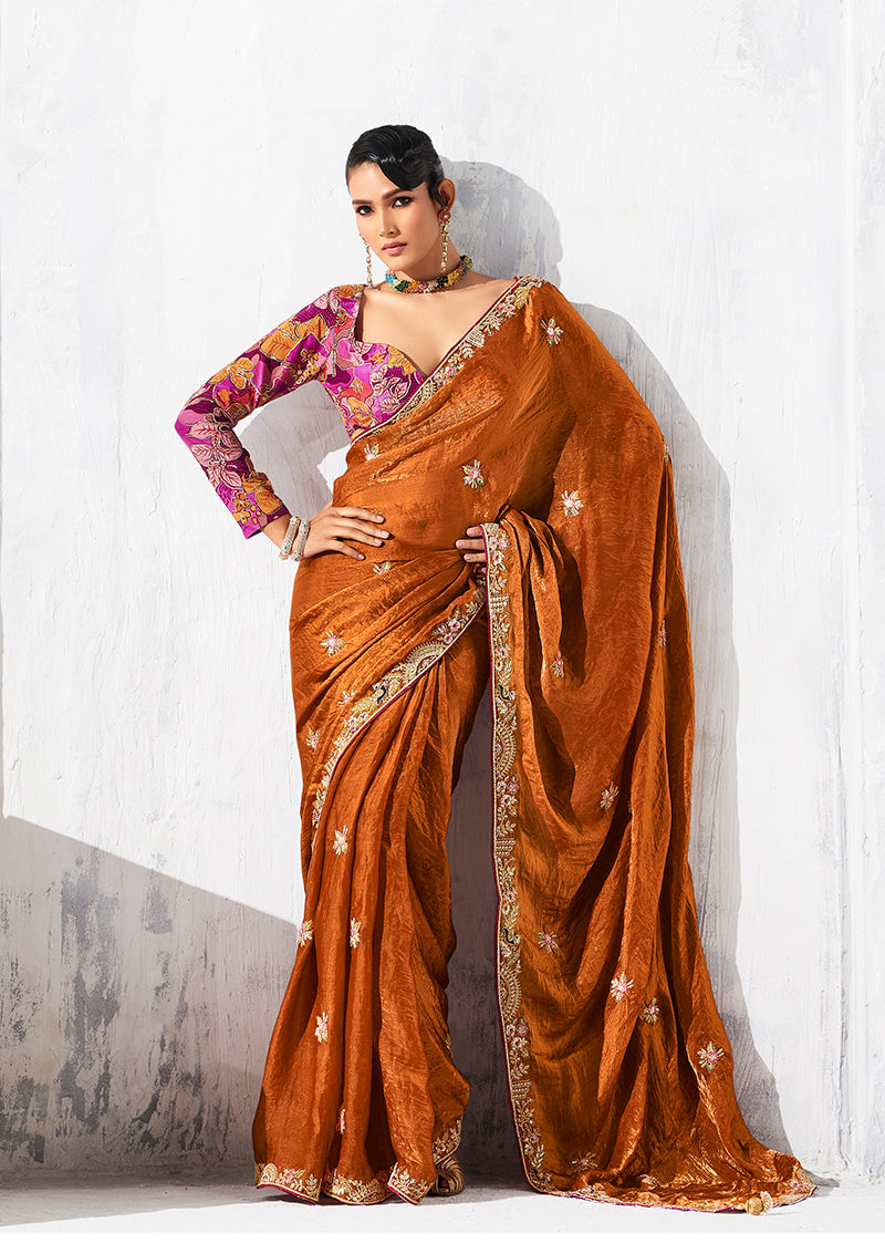 Monjolika Fashion Rust Fancy Fabric Embroidered Contemporary Saree