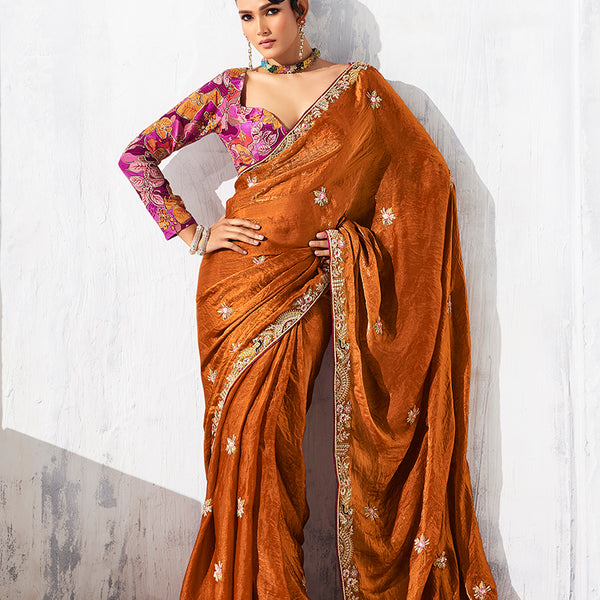 Monjolika Fashion Rust Fancy Fabric Embroidered Contemporary Saree - Distacart