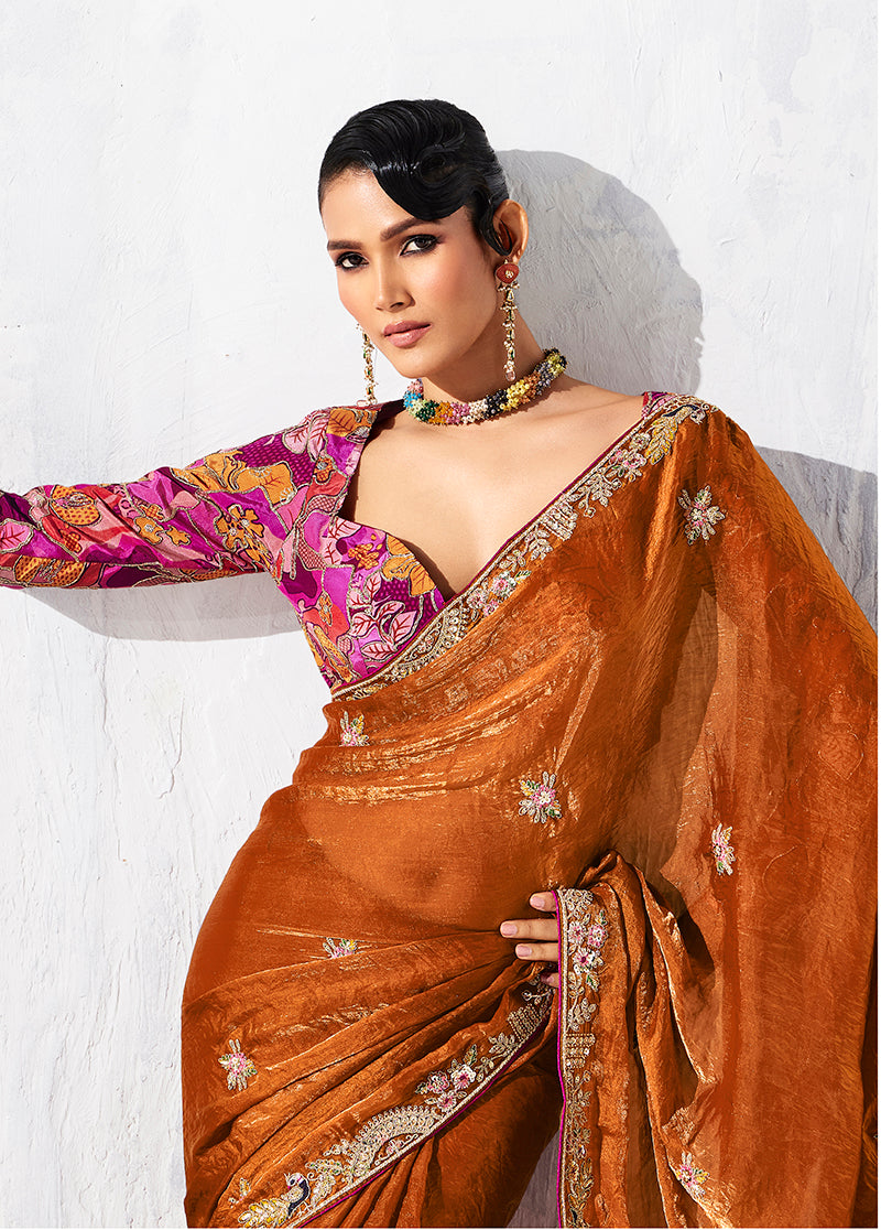 Monjolika Fashion Rust Fancy Fabric Embroidered Contemporary Saree