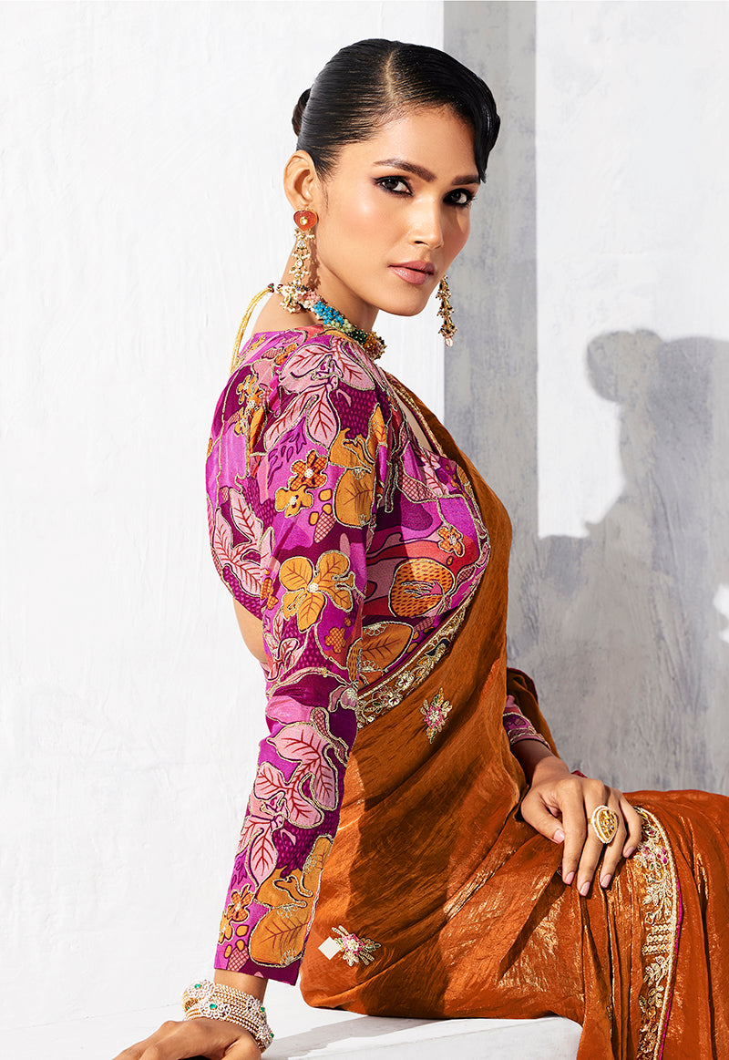 Monjolika Fashion Rust Fancy Fabric Embroidered Contemporary Saree