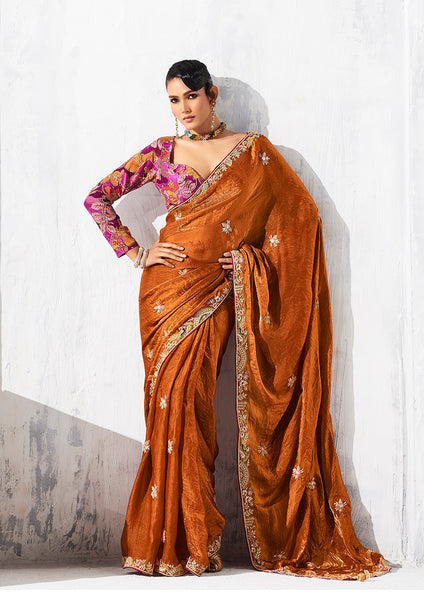 Monjolika Fashion Rust Fancy Fabric Embroidered Contemporary Saree