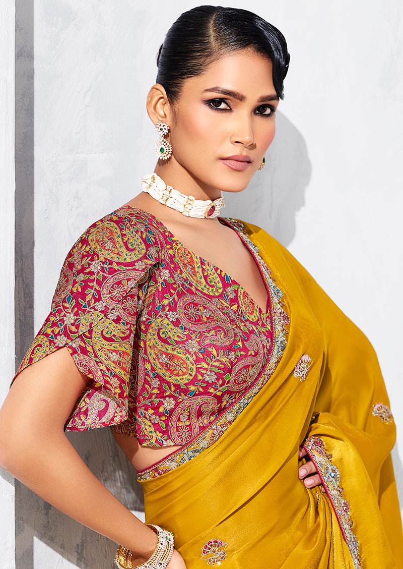 Monjolika Fashion Mustard Fancy Fabric Embroidered Contemporary Saree