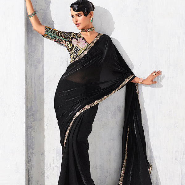 Monjolika Fashion Black Fancy Fabric Embroidered Contemporary Saree - Distacart