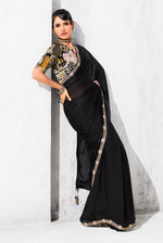 Thumbnail for Monjolika Fashion Black Fancy Fabric Embroidered Contemporary Saree