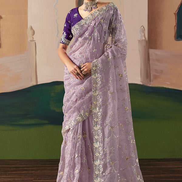 Monjolika Fashion Embroidered Lilac Fancy Fabric Party Designer Saree - Distacart