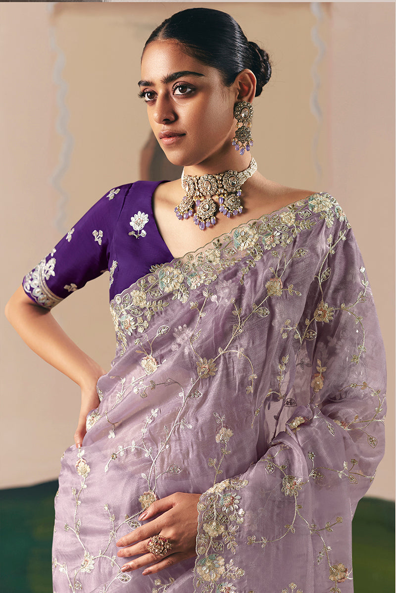 Monjolika Fashion Embroidered Lilac Fancy Fabric Party Designer Saree