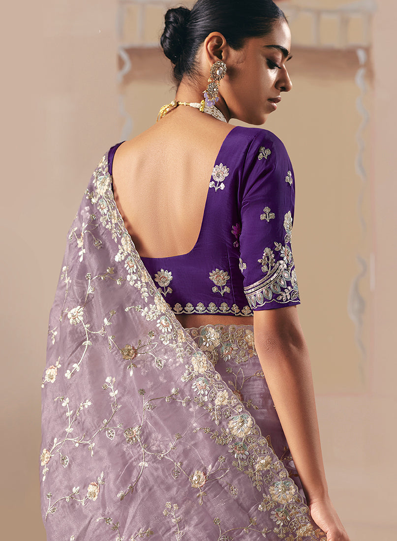 Monjolika Fashion Embroidered Lilac Fancy Fabric Party Designer Saree
