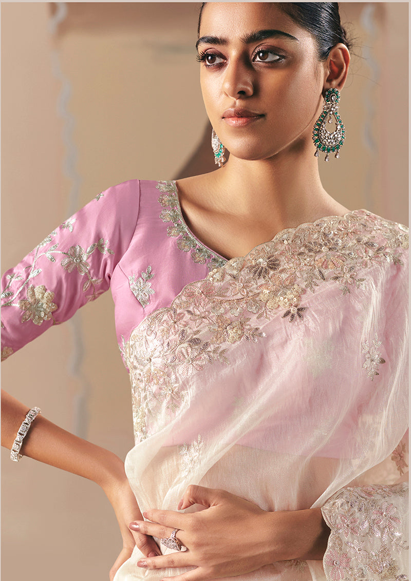 Monjolika Fashion Embroidered Off White Fancy Fabric Party Designer Saree