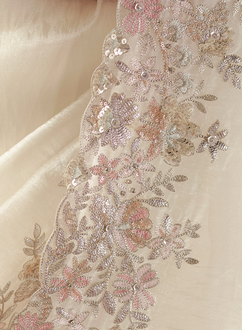 Monjolika Fashion Embroidered Off White Fancy Fabric Party Designer Saree