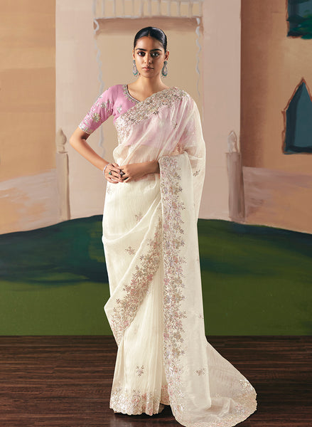 Monjolika Fashion Embroidered Off White Fancy Fabric Party Designer Saree