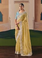 Thumbnail for Monjolika Fashion Embroidered Pastel Yellow Fancy Fabric Party Designer Saree