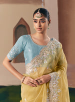 Thumbnail for Monjolika Fashion Embroidered Pastel Yellow Fancy Fabric Party Designer Saree