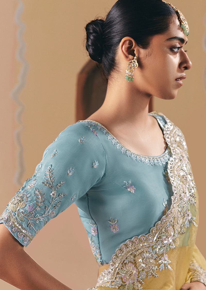 Monjolika Fashion Embroidered Pastel Yellow Fancy Fabric Party Designer Saree