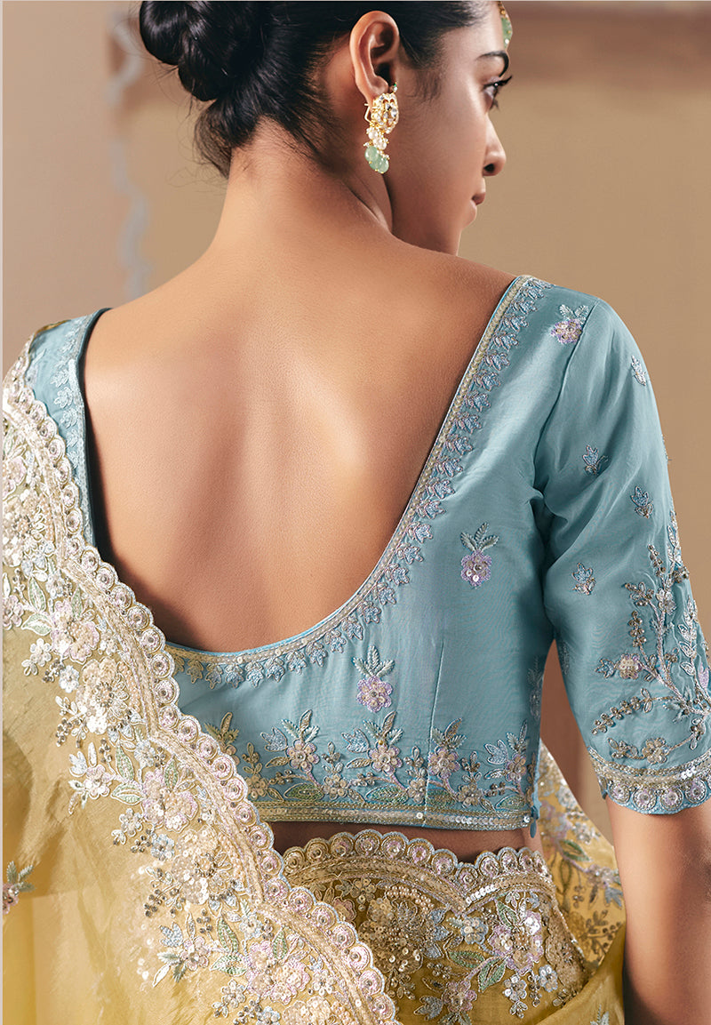 Monjolika Fashion Embroidered Pastel Yellow Fancy Fabric Party Designer Saree