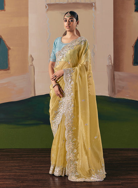 Monjolika Fashion Embroidered Pastel Yellow Fancy Fabric Party Designer Saree