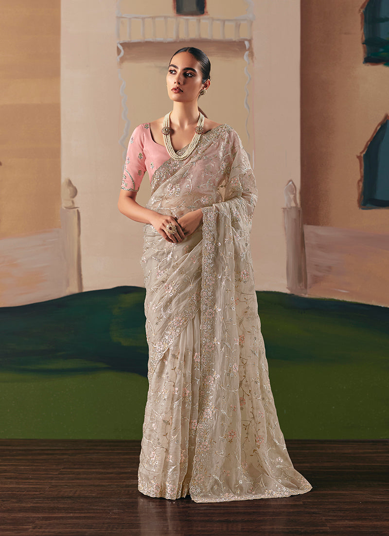 Monjolika Fashion Embroidered Cream Fancy Fabric Party Designer Saree