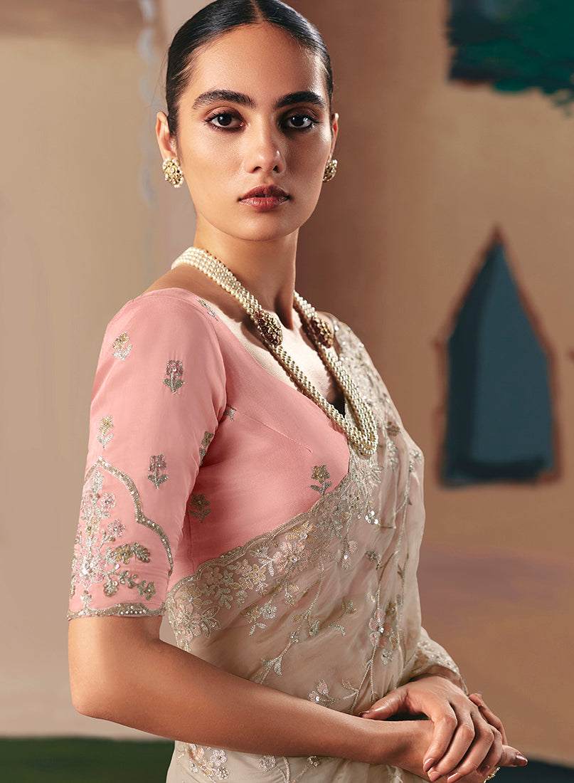 Monjolika Fashion Embroidered Cream Fancy Fabric Party Designer Saree