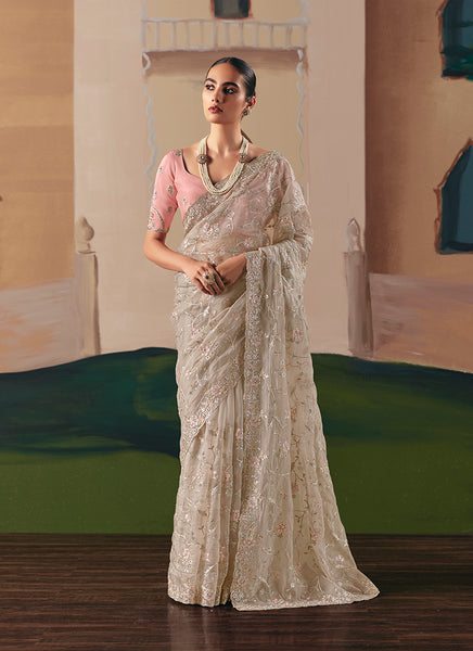 Monjolika Fashion Embroidered Cream Fancy Fabric Party Designer Saree
