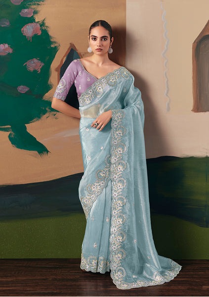 Monjolika Fashion Embroidered Sky Blue Fancy Fabric Party Designer Saree