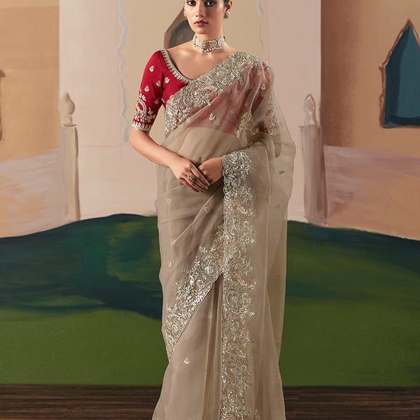 Monjolika Fashion Embroidered Beige Fancy Fabric Party Designer Saree - Distacart