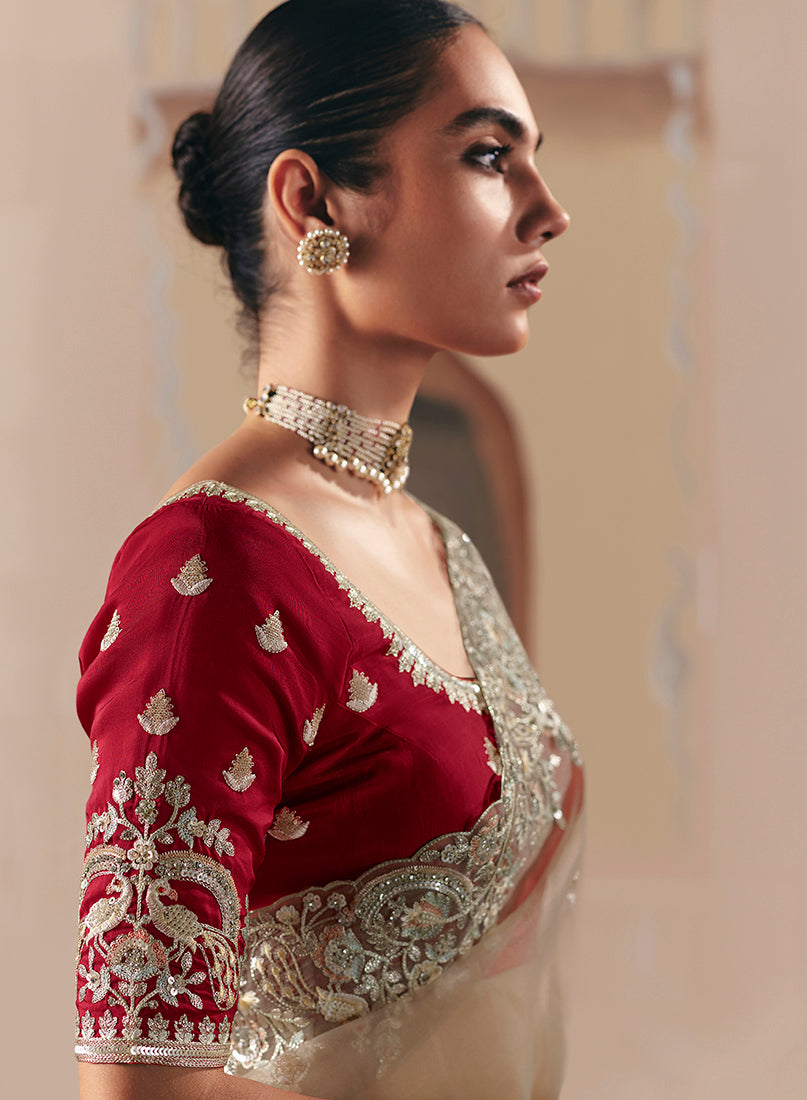 Monjolika Fashion Embroidered Beige Fancy Fabric Party Designer Saree