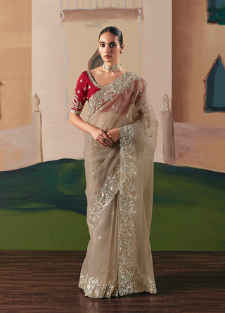 Monjolika Fashion Embroidered Beige Fancy Fabric Party Designer Saree