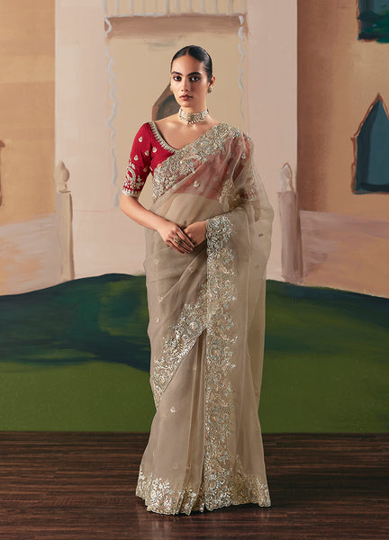 Monjolika Fashion Embroidered Beige Fancy Fabric Party Designer Saree