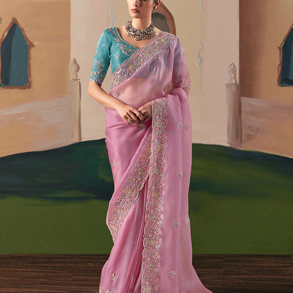 Monjolika Fashion Embroidered Pink Fancy Fabric Party Designer Saree - Distacart