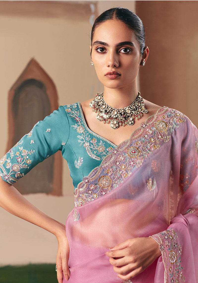 Monjolika Fashion Embroidered Pink Fancy Fabric Party Designer Saree