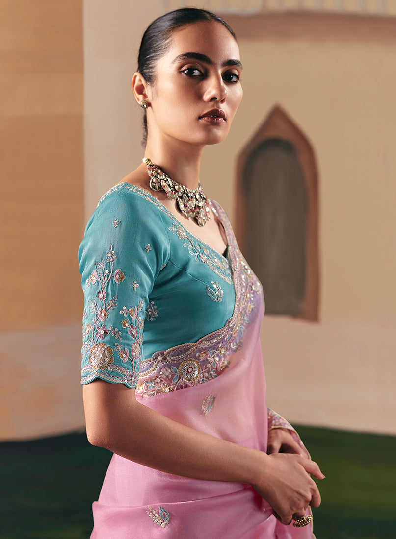 Monjolika Fashion Embroidered Pink Fancy Fabric Party Designer Saree