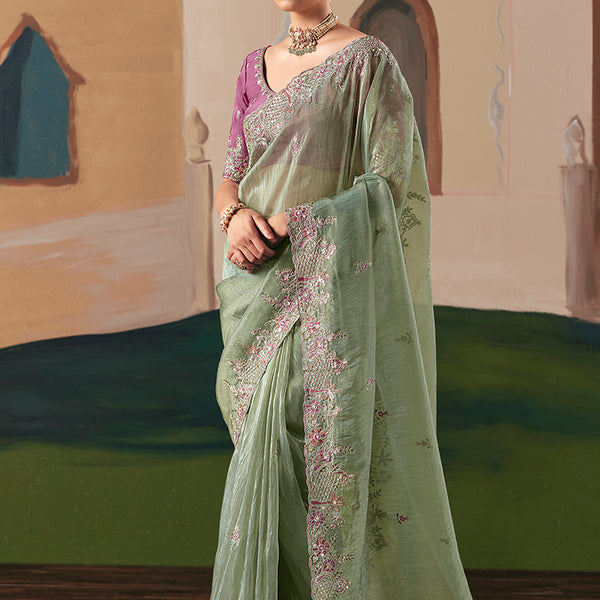 Monjolika Fashion Embroidered Pista Green Fancy Fabric Party Designer Saree - Distacart