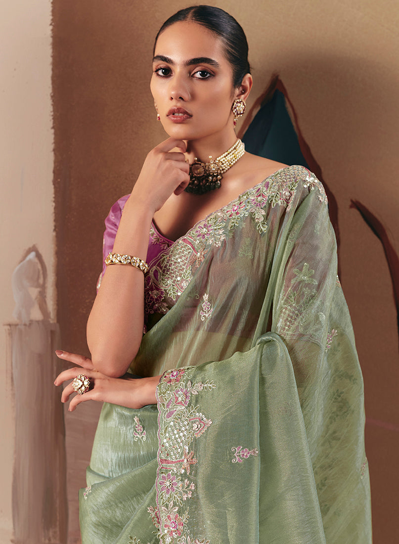 Monjolika Fashion Embroidered Pista Green Fancy Fabric Party Designer Saree