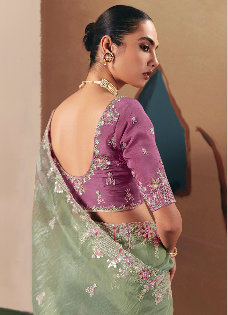 Monjolika Fashion Embroidered Pista Green Fancy Fabric Party Designer Saree