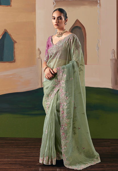 Monjolika Fashion Embroidered Pista Green Fancy Fabric Party Designer Saree