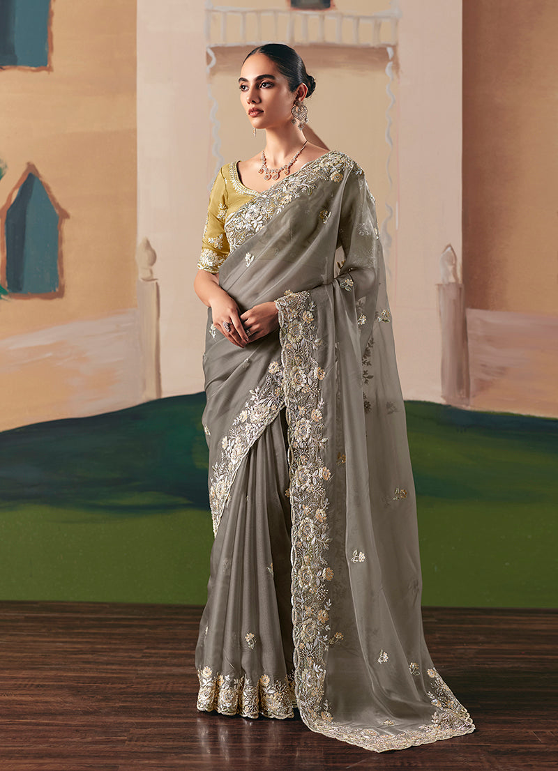 Monjolika Fashion Embroidered Grey Fancy Fabric Party Designer Saree