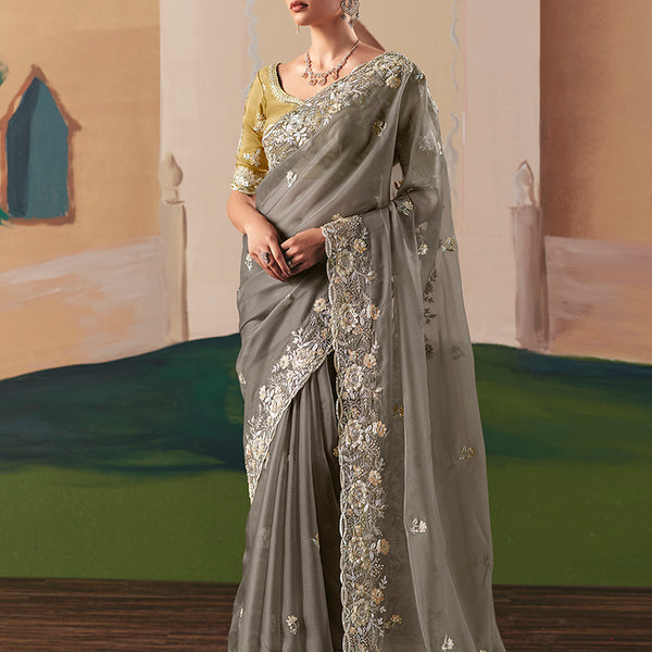 Monjolika Fashion Embroidered Grey Fancy Fabric Party Designer Saree - Distacart