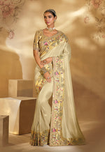 Thumbnail for Monjolika Fashion Surpassing Cream Embroidery Cut Dana Moti Work Ziraf Silk Saree With Heavy Work Blouse Piece - Distacart