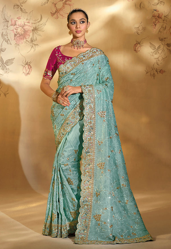 Monjolika Fashion Surpassing sky blue Embroidery Cut Dana Moti Work Ziraf Silk Saree With Heavy Work Blouse Piece
