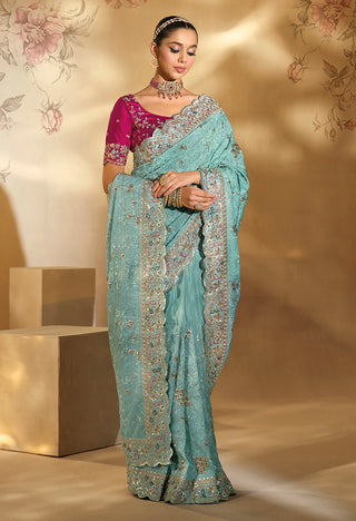 Monjolika Fashion Surpassing sky blue Embroidery Cut Dana Moti Work Ziraf Silk Saree With Heavy Work Blouse Piece