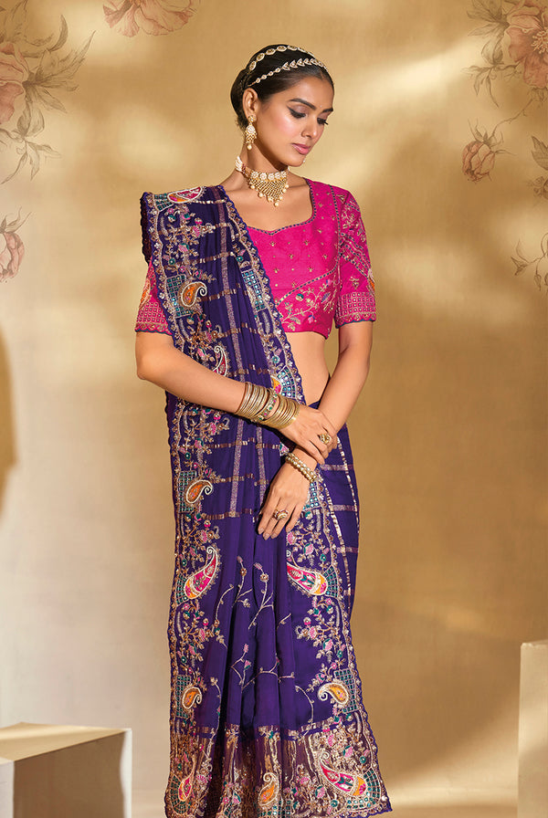 Monjolika Fashion Surpassing Purple Embroidery Cut Dana Moti Work Ziraf Silk Saree With Heavy Work Blouse Piece