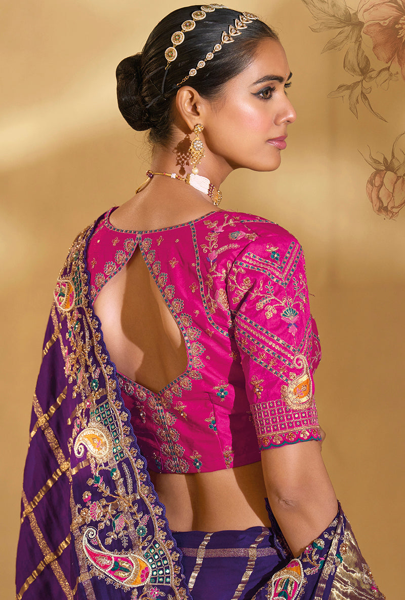 Monjolika Fashion Surpassing Purple Embroidery Cut Dana Moti Work Ziraf Silk Saree With Heavy Work Blouse Piece