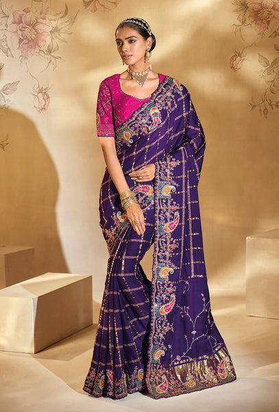 Monjolika Fashion Surpassing Purple Embroidery Cut Dana Moti Work Ziraf Silk Saree With Heavy Work Blouse Piece