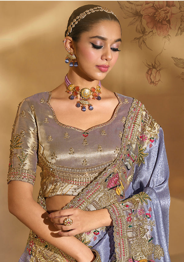 Monjolika Fashion Surpassing Lavender Embroidery Cut Dana Moti Work Ziraf Silk Saree With Heavy Work Blouse Piece