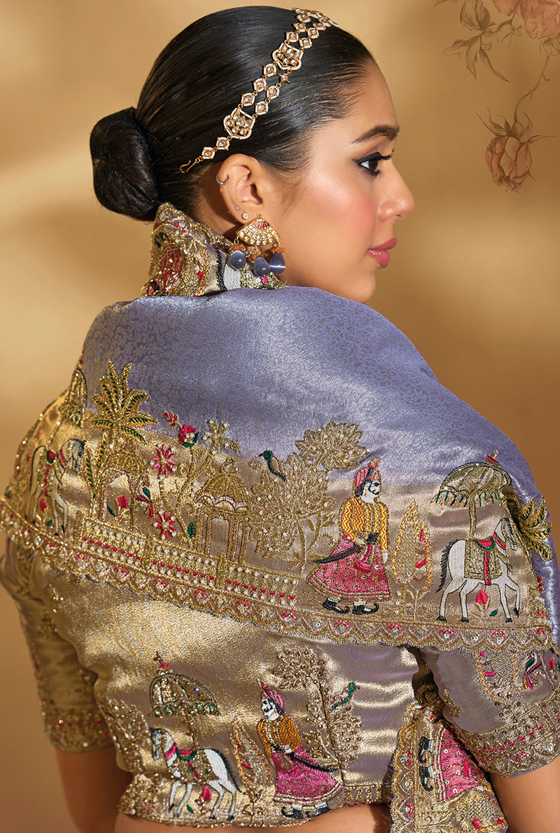 Monjolika Fashion Surpassing Lavender Embroidery Cut Dana Moti Work Ziraf Silk Saree With Heavy Work Blouse Piece